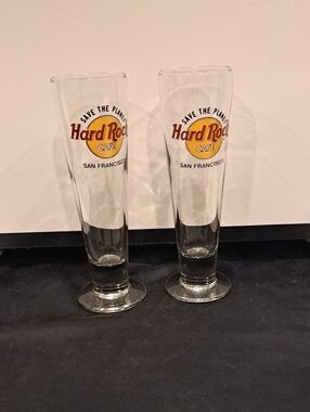 Pair HARD ROCK San Francisco "Save The Planet" Pilsner Glasses. 9 1/4" Like New